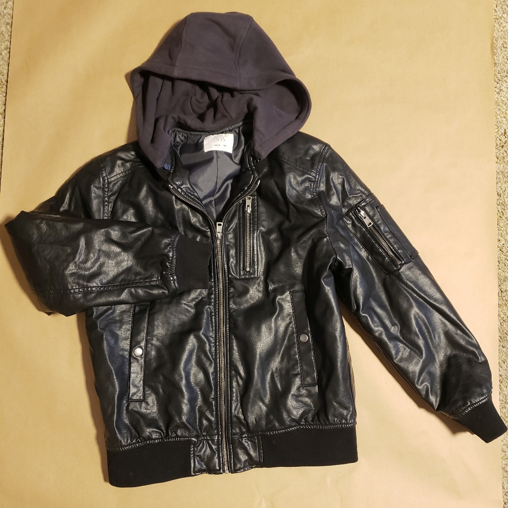 Zara Kids Black Hooded Faux Leather Jacket